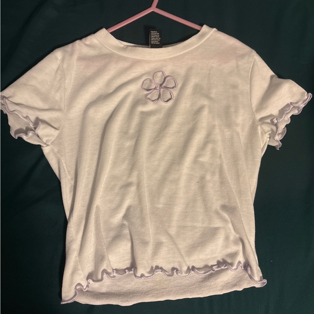 White Tee with Purple Flower Accent